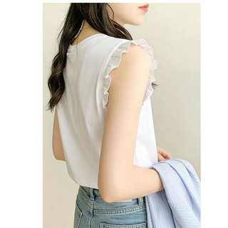 【Nên mua 】Áo thun nữ không tay viền cánh bướm trơn trắng, dáng rộng chất cotton mềm, phối đồ mùa hè