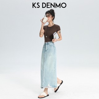 Váy Denim nửa chiều dài rách cao dành cho nữ mùa hè 2026 Bao phủ thịt mỏng hơn trông nhỏ xẻ a @