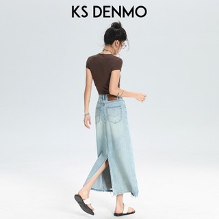 Váy Denim nửa chiều dài rách cao dành cho nữ mùa hè 2026 Bao phủ thịt mỏng hơn trông nhỏ xẻ a @