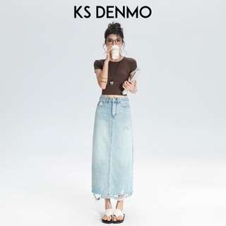 Váy Denim nửa chiều dài rách cao dành cho nữ mùa hè 2026 Bao phủ thịt mỏng hơn trông nhỏ xẻ a @