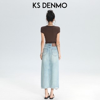 Váy Denim nửa chiều dài rách cao dành cho nữ mùa hè 2026 Bao phủ thịt mỏng hơn trông nhỏ xẻ a @