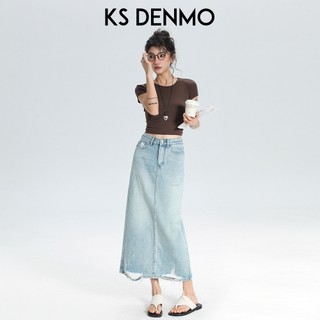 Váy Denim nửa chiều dài rách cao dành cho nữ mùa hè 2026 Bao phủ thịt mỏng hơn trông nhỏ xẻ a @