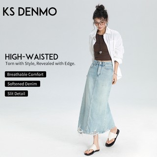 Phong cách lười biếng mùa hè | Váy Denim xẻ chữ A dài vừa phải dành cho nữ, dáng rộng không đàn hồi thon gọn hơn, Váy cạp cao xẻ lưng