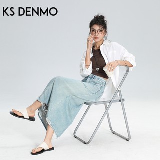 Phong cách lười biếng mùa hè | Váy Denim xẻ chữ A dài vừa phải dành cho nữ, dáng rộng không đàn hồi thon gọn hơn, Váy cạp cao xẻ lưng