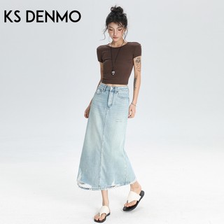 Phong cách lười biếng mùa hè | Váy Denim xẻ chữ A dài vừa phải dành cho nữ, dáng rộng không đàn hồi thon gọn hơn, Váy cạp cao xẻ lưng