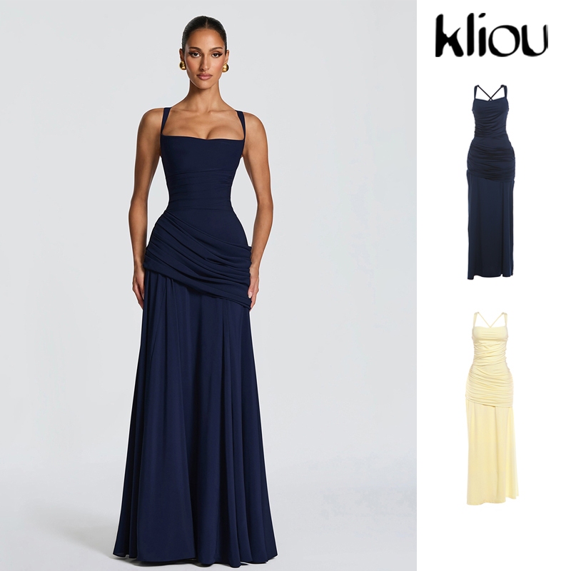 Kliou Đầm Maxi Thanh Lịch Nữ Gấp Cổ Vuông Cổ Thấp Không Tay Lưng Sinh Nhật Chắc Chắn Sang Trọng Tiệc Vestidos