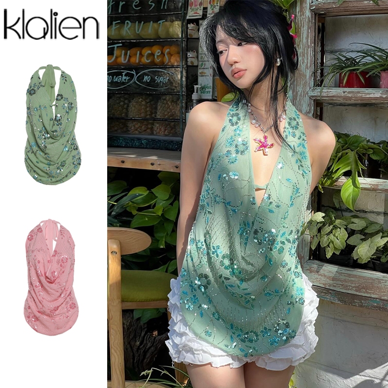 Klalien Áo Vest SequinSexy Cho Nữ, Thiết Kế Trendy Với Chi Tiết Cut-Out và Dây Quai Phía Sau