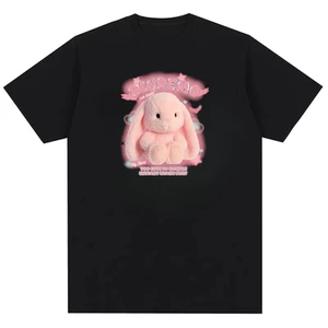 Áo thun cotton nguyên chất in hình thỏ dễ thương màu hồng phong cách unisex nam nữ