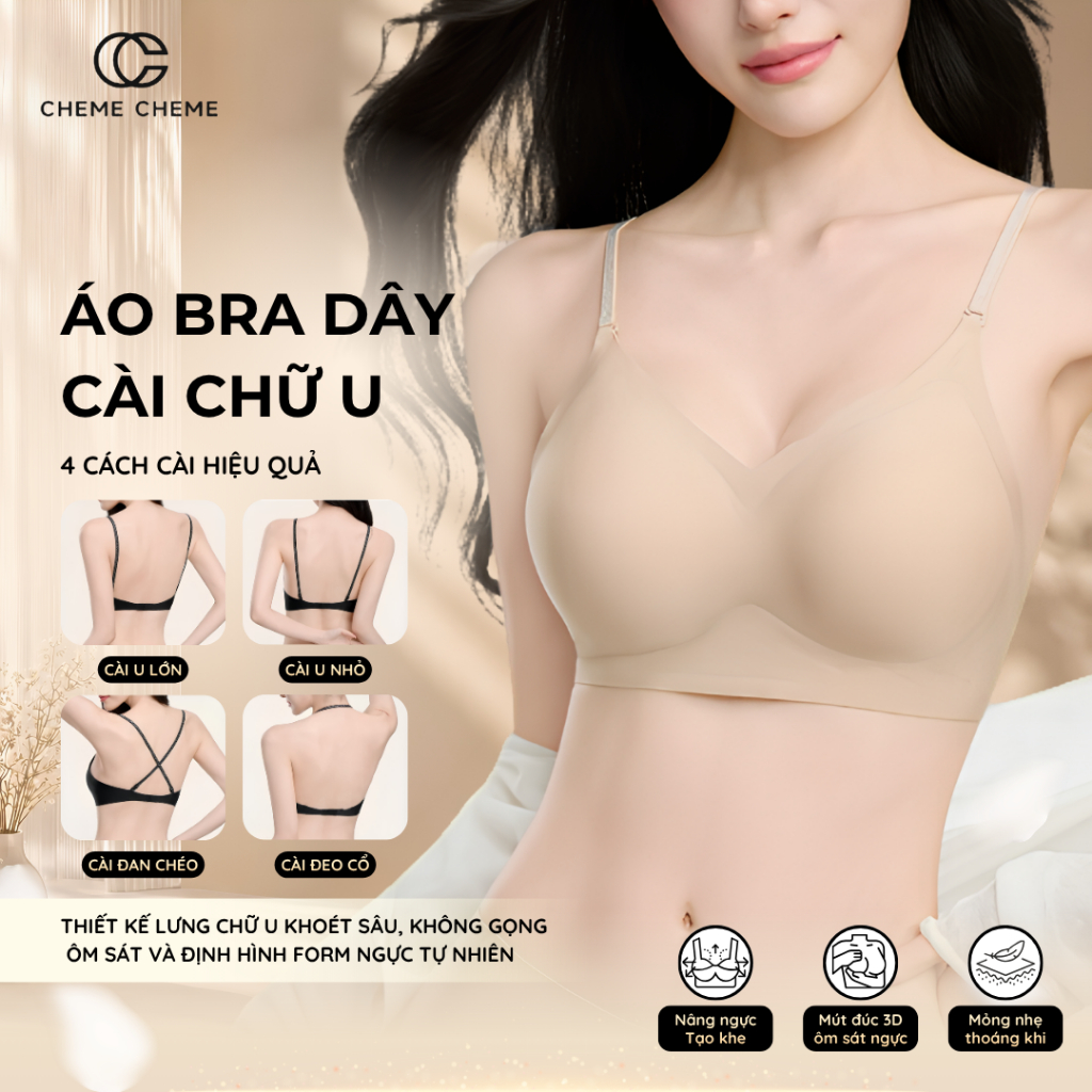 [𝐂𝐇𝐄𝐌𝐄 𝐂𝐇𝐄𝐌𝐄] Áo Ngực Dây Cài Chữ U – Không Gọng – Siêu Thoáng Khí – Áo hở Lưng