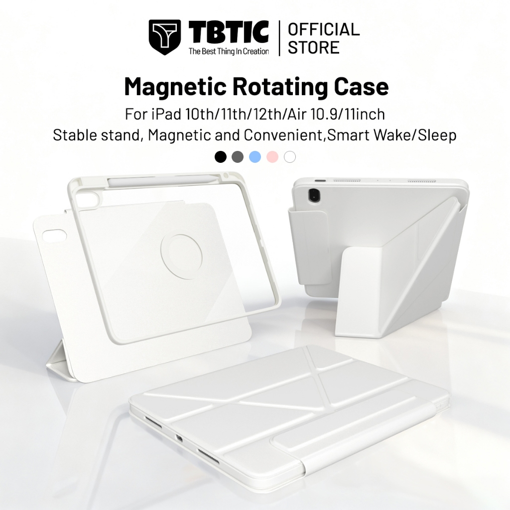 Ốp lưng iPad TBTIC cho iPad có thể xoay 720° và đi kèm nam châm tháo rời, phù hợp với iPad 12th 2026, iPad Gen 11 A16  2025, iPad 10th 10.9 inch các model A3354, A3355, A3356, A2696, A2757, A2777, A3162, và đi kèm hộp bút chuyên dụng cho máy tính bảng