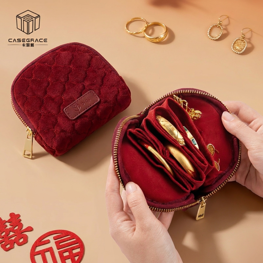 CASEGRACE Nhung Trang Sức Túi Mini Dây Kéo Tổ Chức Cho Nhẫn Bông Tai Vòng Tay Nhỏ Gọn Du Lịch Hộp Đựng Trang Sức Cho Quà Cưới