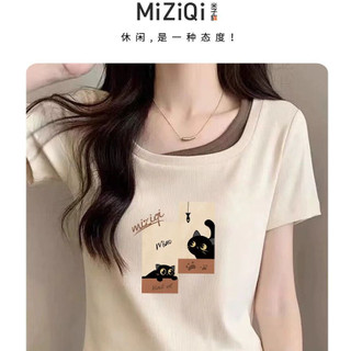 [MIZIQI] Áo thun ngắn tay hai mảnh giả mơ ước dành cho nữ, Áo thun ngắn in hình mèo con mùa hè