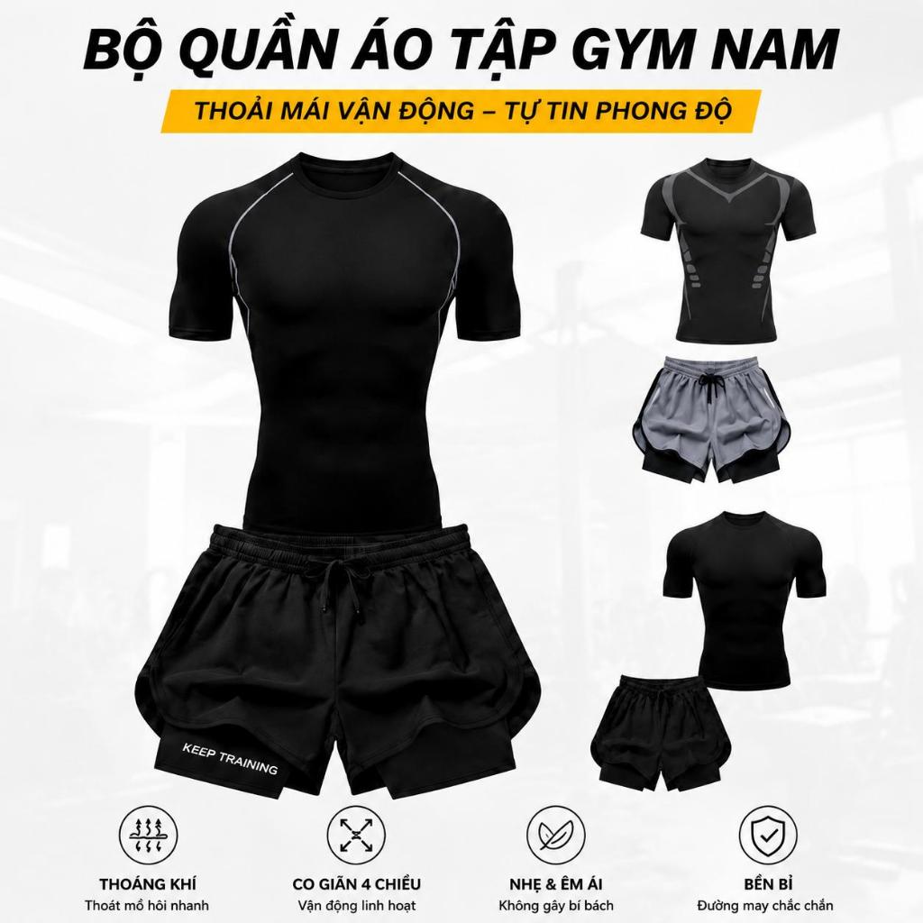 Bộ Quần Áo Tập Gym Nam Kết Hợp Áo Body và Quần Short 2 Lớp Co Dãn 4 Chiều Chất Liệu Thun Lạnh Thấm Hút Mồ Hôi Thoáng Khí
