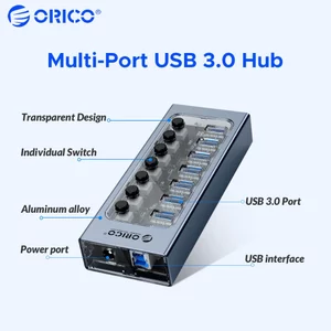 ORICO 7 cổng USB3.0 Hub 5Gbps Chuyển nhanh Công tắc độc lập Bộ chuyển đổi chạy bằng nhôm