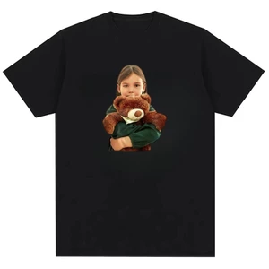 Bé gái ôm gấu bông thiết kế in hình dễ thương Áo thun cotton nguyên chất dành cho nam và nữ