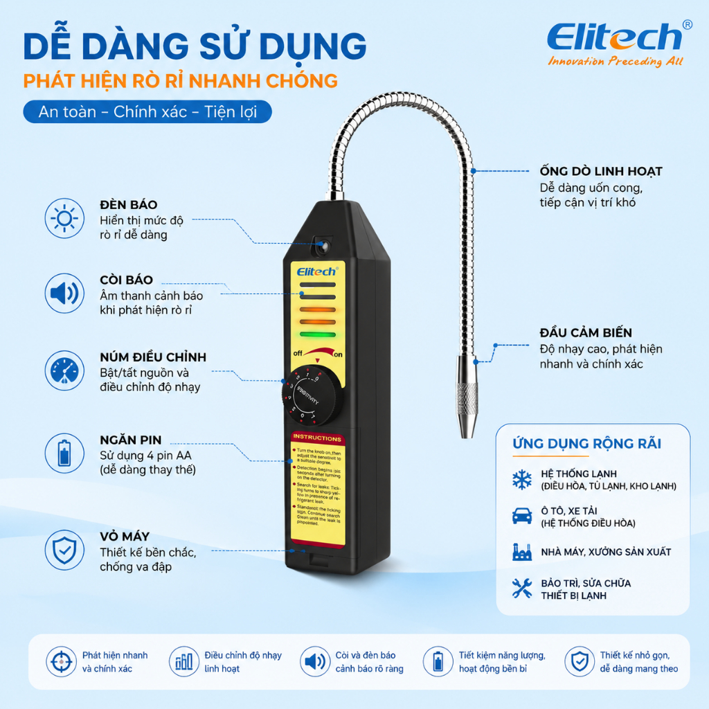 Máy dò rò rỉ Elitech Freon Máy dò rò rỉ khí lạnh Halogen Máy kiểm tra HVAC AC Sniffer R22 R410A R134A 1234YF, WJL-6000S