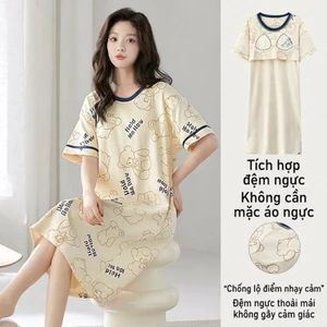 Váy Ngủ Đồ Ngủ Nữ Có Miếng Lót Ngực Mỏng Thoáng Mát Đồ Ở Nhà Mặc Ngoài Tay Ngắn Dễ Thương Size Lớn