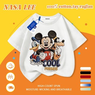 [Giao hàng trong ngày] Áo thun Cotton nguyên chất màu trắng cho trẻ em NASA Áo thun Cotton thoáng khí hoạt hình Chuột Mickey in hợp thời trang 3-16 tuổi Bé trai bé gái tay ngắn thông thường