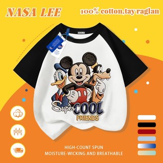 [Giao hàng trong ngày] Áo thun Cotton nguyên chất màu trắng cho trẻ em NASA Áo thun Cotton thoáng khí hoạt hình Chuột Mickey in hợp thời trang 3-16 tuổi Bé trai bé gái tay ngắn thông thường