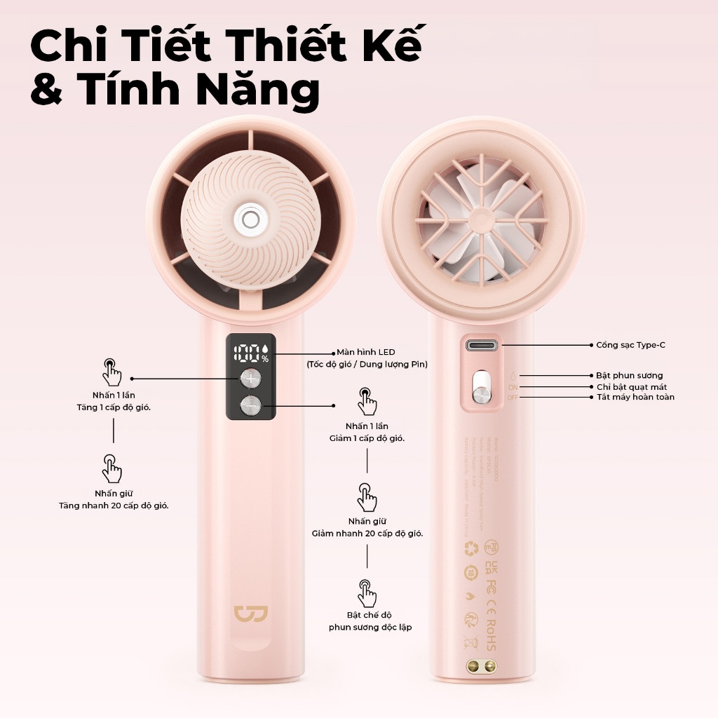 GOOJODOQ Quạt phun sương Hydrating Mini cầm tay cầm tay gió mạnh tốc độ cao GFS030