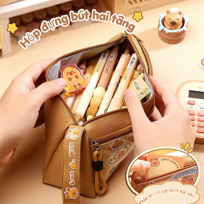 Hộp Bút Capybara Dễ Thương Cute | Hai Tầng Dung Tích Lớn | Phong Cách Hàn Quốc | Vừa Thước Hàn Quốc