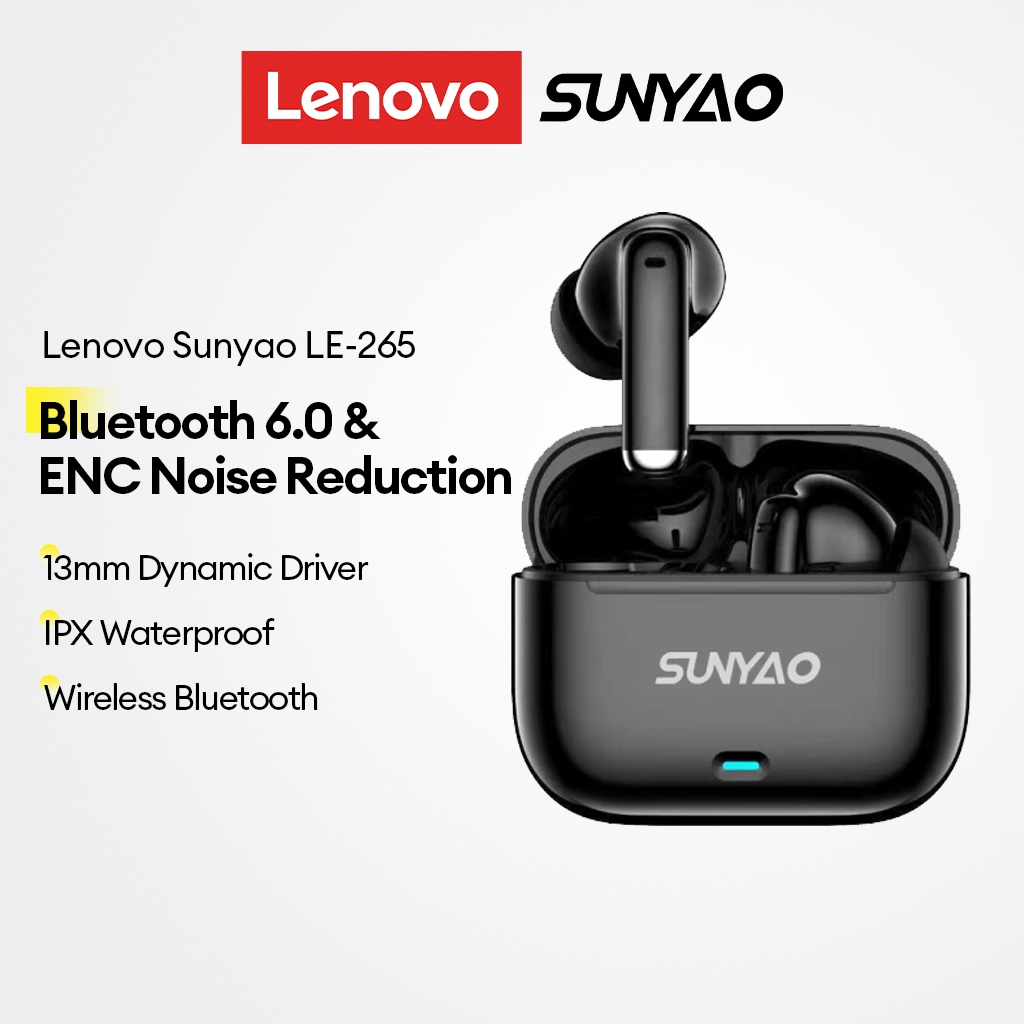 Tai nghe Bluetooth Lenovo SUNYAO LE-265 và tai nghe không dây có Bluetooth 6.0 và ENC Giảm tiếng ồn cuộc gọi cộng với trình điều khiển 13mm và chống nước IPX