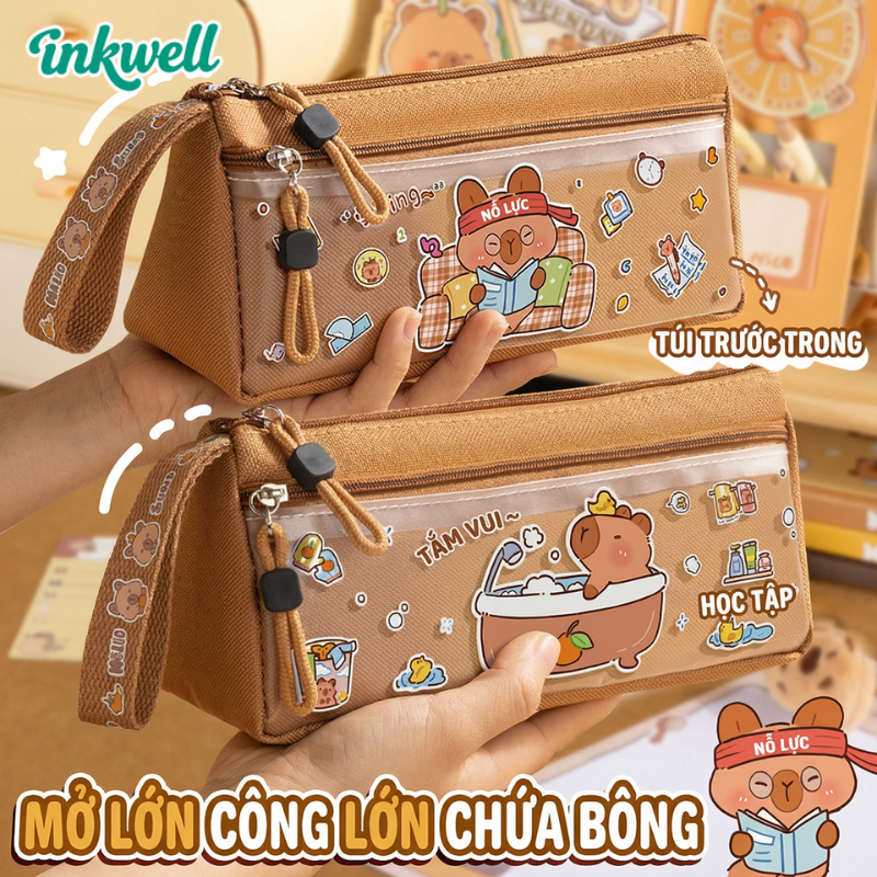 Hộp Bút Capybara Dung Tích Lớn /2 Ngăn /Vải Oxford / Vừa Thước 20CM /Dễ Thương Cho Học Sinh