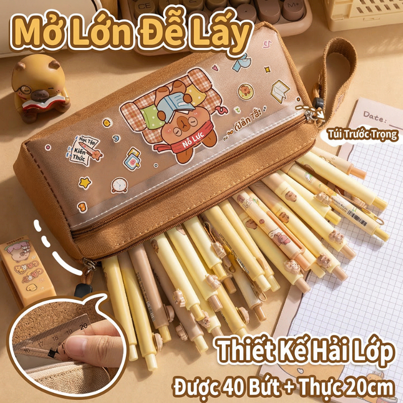 Hộp Bút Capybara Dung Tích Lớn /2 Ngăn /Vải Oxford / Vừa Thước 20CM /Dễ Thương Cho Học Sinh