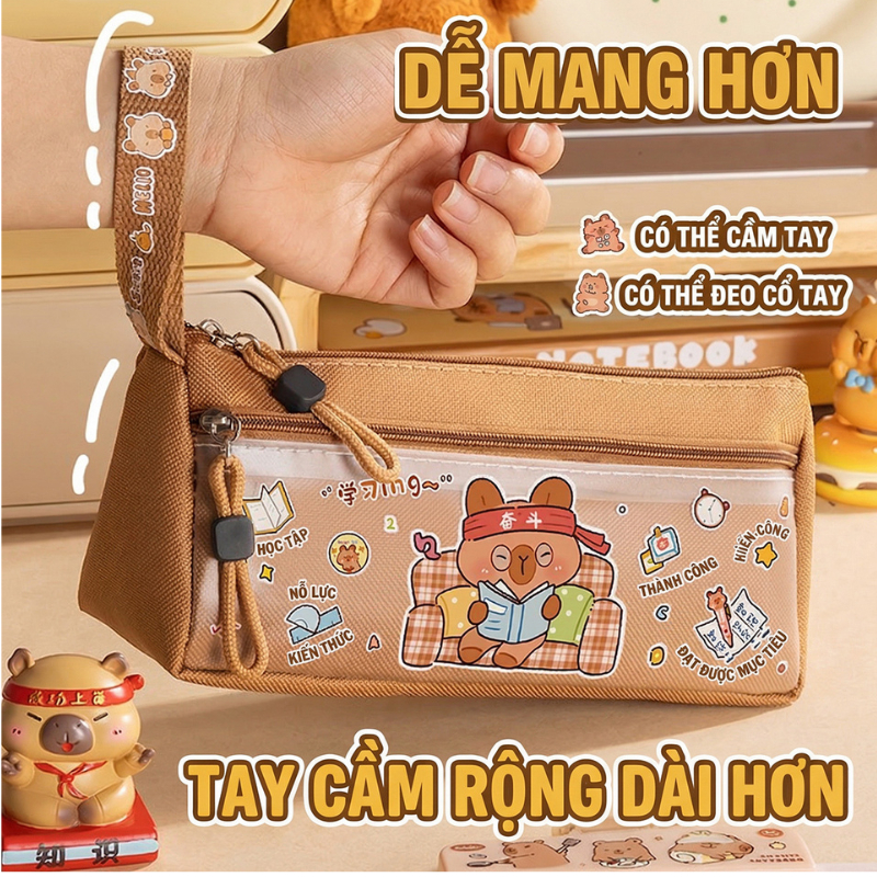 Hộp Bút Capybara Dung Tích Lớn /2 Ngăn /Vải Oxford / Vừa Thước 20CM /Dễ Thương Cho Học Sinh
