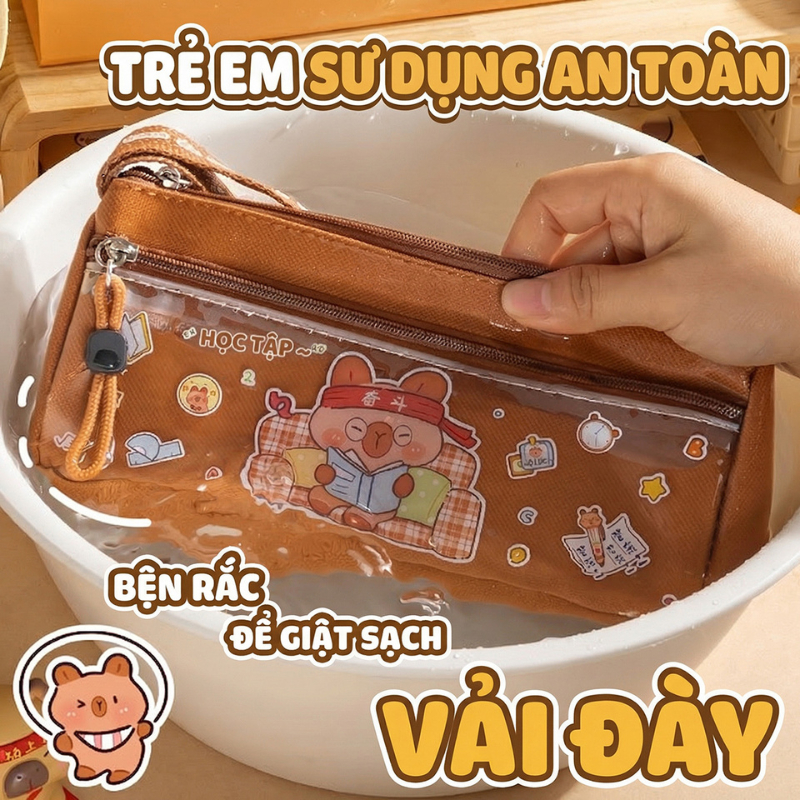 Hộp Bút Capybara Dung Tích Lớn /2 Ngăn /Vải Oxford / Vừa Thước 20CM /Dễ Thương Cho Học Sinh