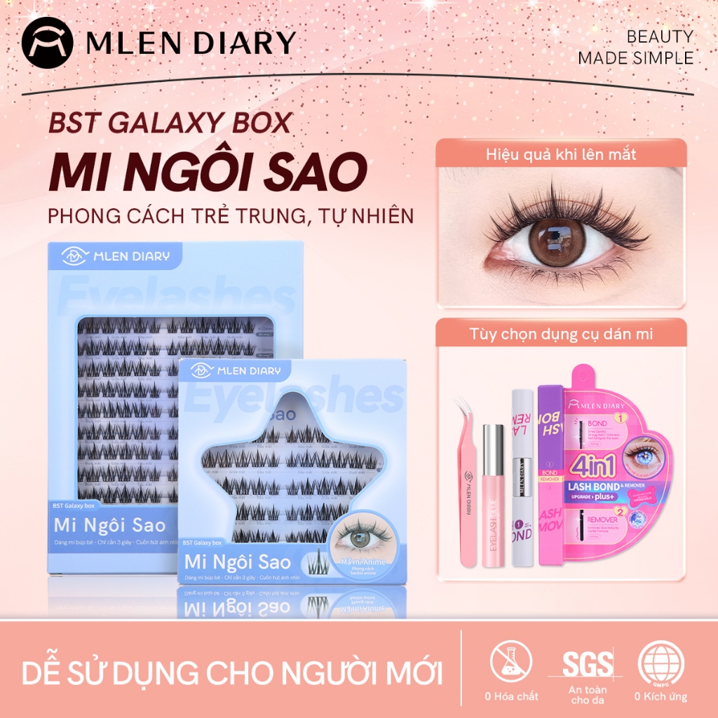 MLEN DIARY Mi Giả Cụm Dáng Mi Ngôi Sao 9-12mm, Sợi Mi Mềm Nhẹ, Dễ Dán Cho Người Mới Bắt Đầu