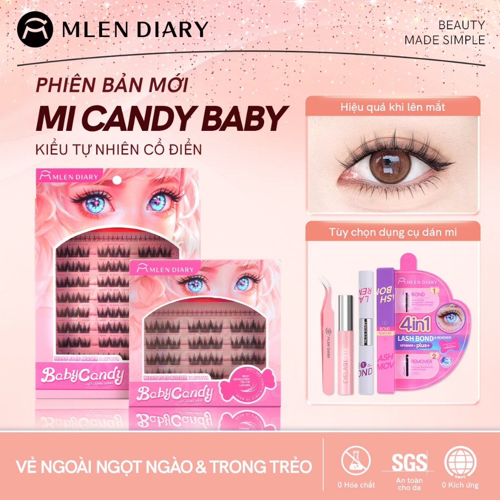 MLEN DIARY Mi Giả Cụm Baby Candy Kiểu Anime Mắt To Tròn, Dáng Mi Cong Tự Nhiên 9-12mm, Tái Sử Dụng Nhiều Lần