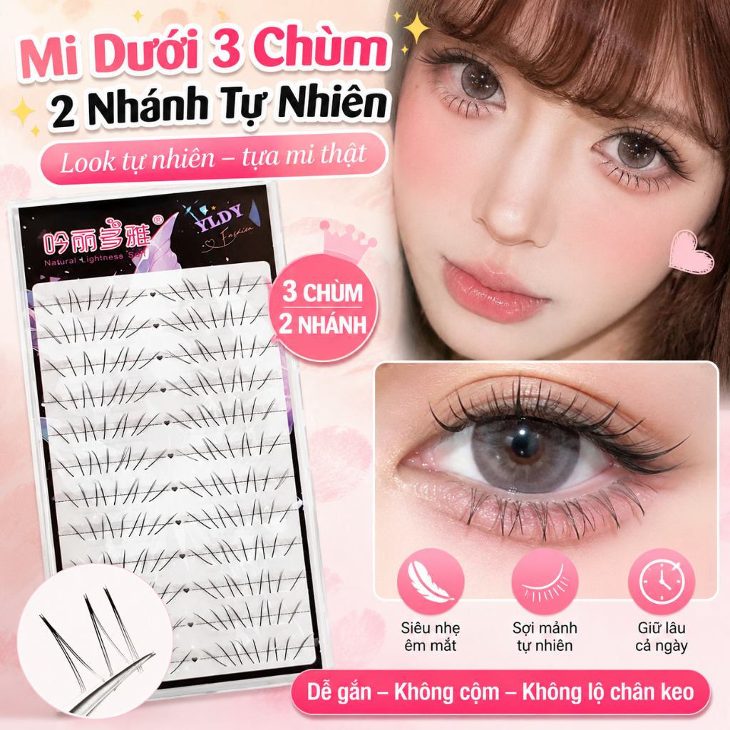 Nhíp miễn phí✨ 3 Cụm Móng Vuốt Đôi Lông Mi Dưới Tự Nhiên C Curl Fiber Lông Mi Giả Để Trang Điểm Hàng Ngày