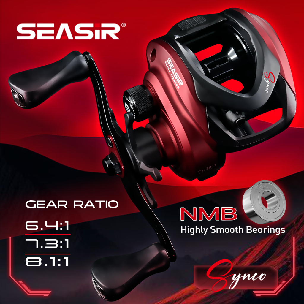 Máy câu ngang SEASIR SYNCO – Tỷ số truyền 6.4/7.3/8.1, bánh răng đồng thau, vòng bi NMB (5+1), chống ăn mòn nước mặn, lực hãm 8kg, có tiếng kêu báo cá, dùng được cho cả nước ngọt và nước mặn.