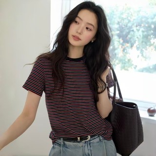 Áo thun ngắn tay sọc cổ điển | Áo thun cổ tròn dáng rộng thông thường cho nữ