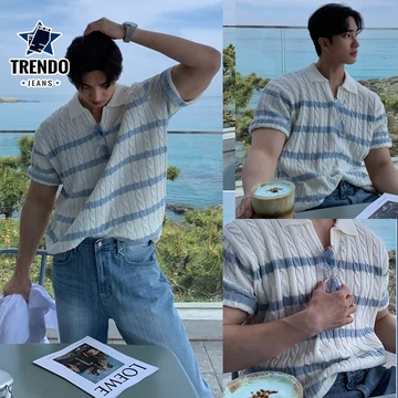 TRENDO Áo Polo Cổ V Dệt Kim Cao Cấp Phong Cách Hàn Quốc Áo Polo Knit Nam Kẻ Sọc Cable Knit Áo Thun Nam Dệt Len | 2 Màu Cá Tính Mùa Hè Trắng Ve Áo Áo Polo Sọc Nhật Bản Dệt Kim Nam Tay Ngắn Top Áo Thun 