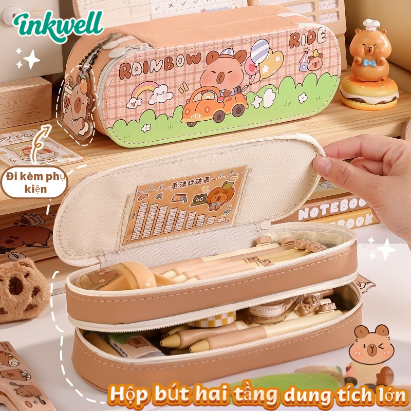 Hộp Bút 2 Ngăn Da PU Dung Tích Lớn /Form Cứng Đẹp / Hoạt Hình Dễ Thương Cho Học Sinh