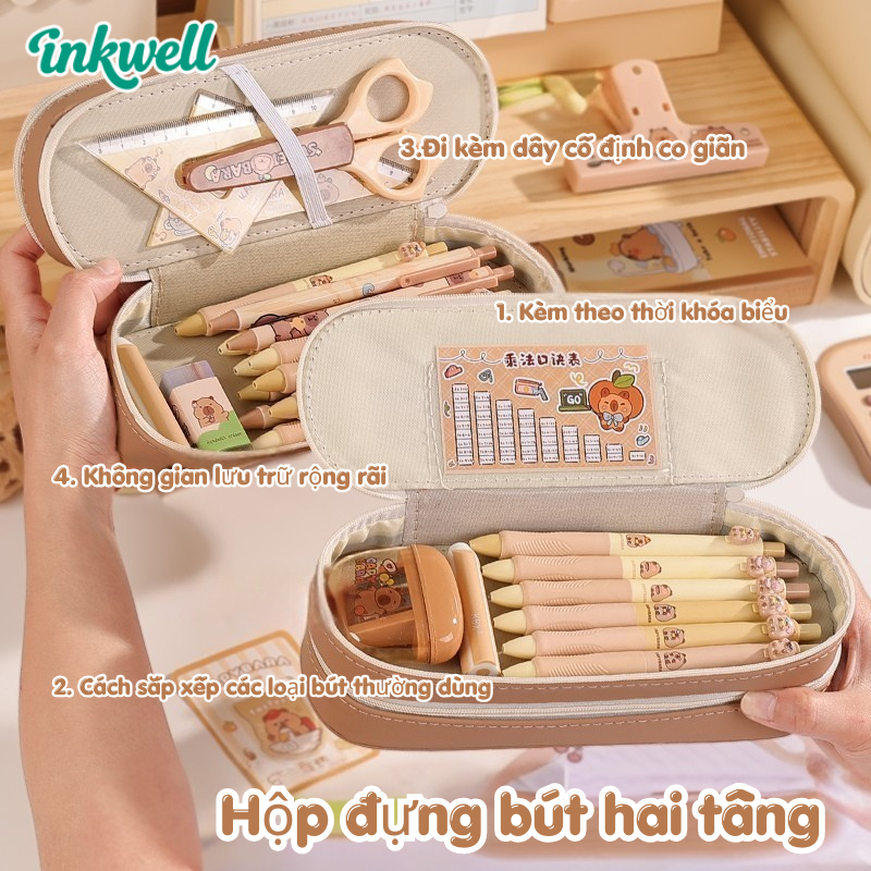 Hộp Bút 2 Ngăn Da PU Dung Tích Lớn /Form Cứng Đẹp / Hoạt Hình Dễ Thương Cho Học Sinh