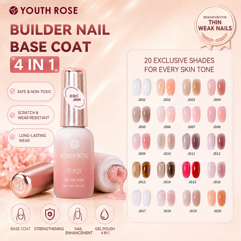 Youth Rose Gel xây dựng  4 trong 1 giúp tăng cường độ cong đẹp cho móng, làm lớp nền, gia cố bề mặt móng và sơn móng, hoàn thiện trong một chai duy nhất