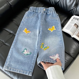 MuyoNowo Tập Đi Bé Gái Rời Thẳng Quần Jean Nhiều Màu Sắc Bướm Thêu Mềm Denim Quần Trẻ Em