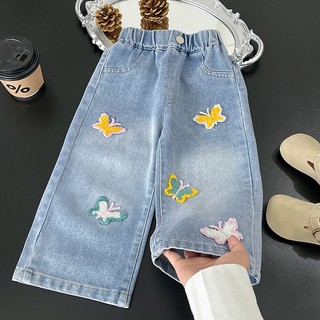 MuyoNowo Tập Đi Bé Gái Rời Thẳng Quần Jean Nhiều Màu Sắc Bướm Thêu Mềm Denim Quần Trẻ Em