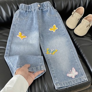 MuyoNowo Tập Đi Bé Gái Rời Thẳng Quần Jean Nhiều Màu Sắc Bướm Thêu Mềm Denim Quần Trẻ Em