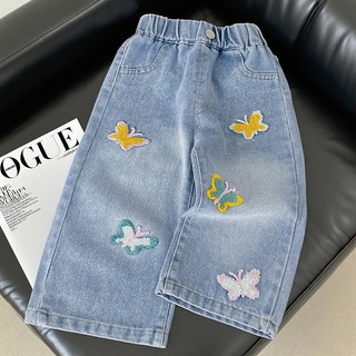 MuyoNowo Tập Đi Bé Gái Rời Thẳng Quần Jean Nhiều Màu Sắc Bướm Thêu Mềm Denim Quần Trẻ Em