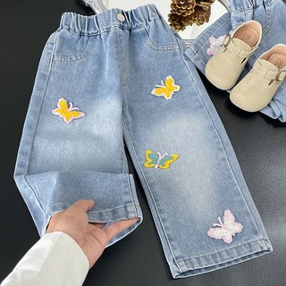 MuyoNowo Tập Đi Bé Gái Rời Thẳng Quần Jean Nhiều Màu Sắc Bướm Thêu Mềm Denim Quần Trẻ Em