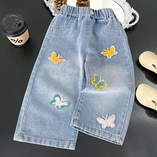 MuyoNowo Tập Đi Bé Gái Rời Thẳng Quần Jean Nhiều Màu Sắc Bướm Thêu Mềm Denim Quần Trẻ Em