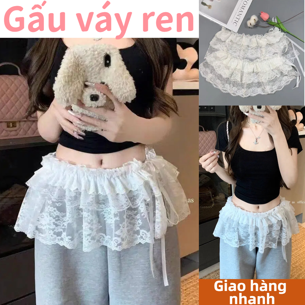 Váy ren mini Harajuku, thêu hoa và buộc dây, thiết kế xuyên thấu phù hợp với quần jeans