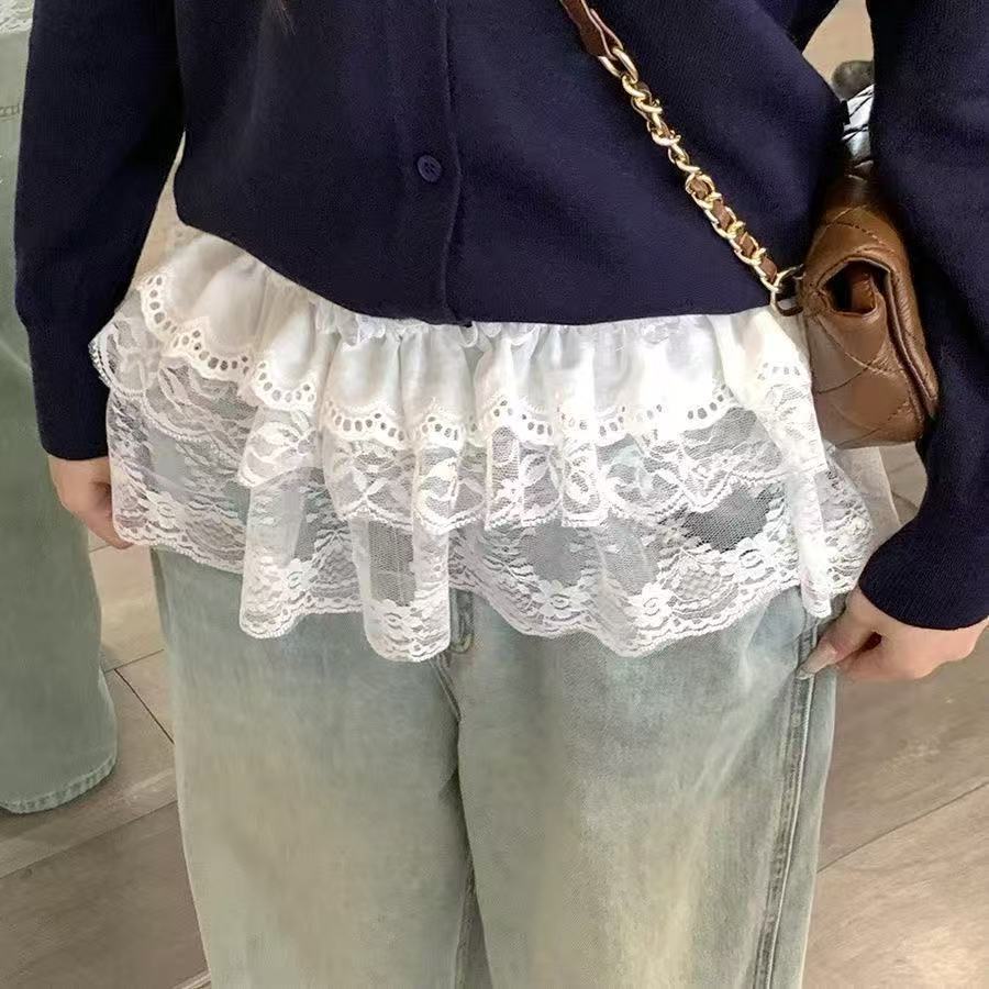 Váy ren mini Harajuku, thêu hoa và buộc dây, thiết kế xuyên thấu phù hợp với quần jeans