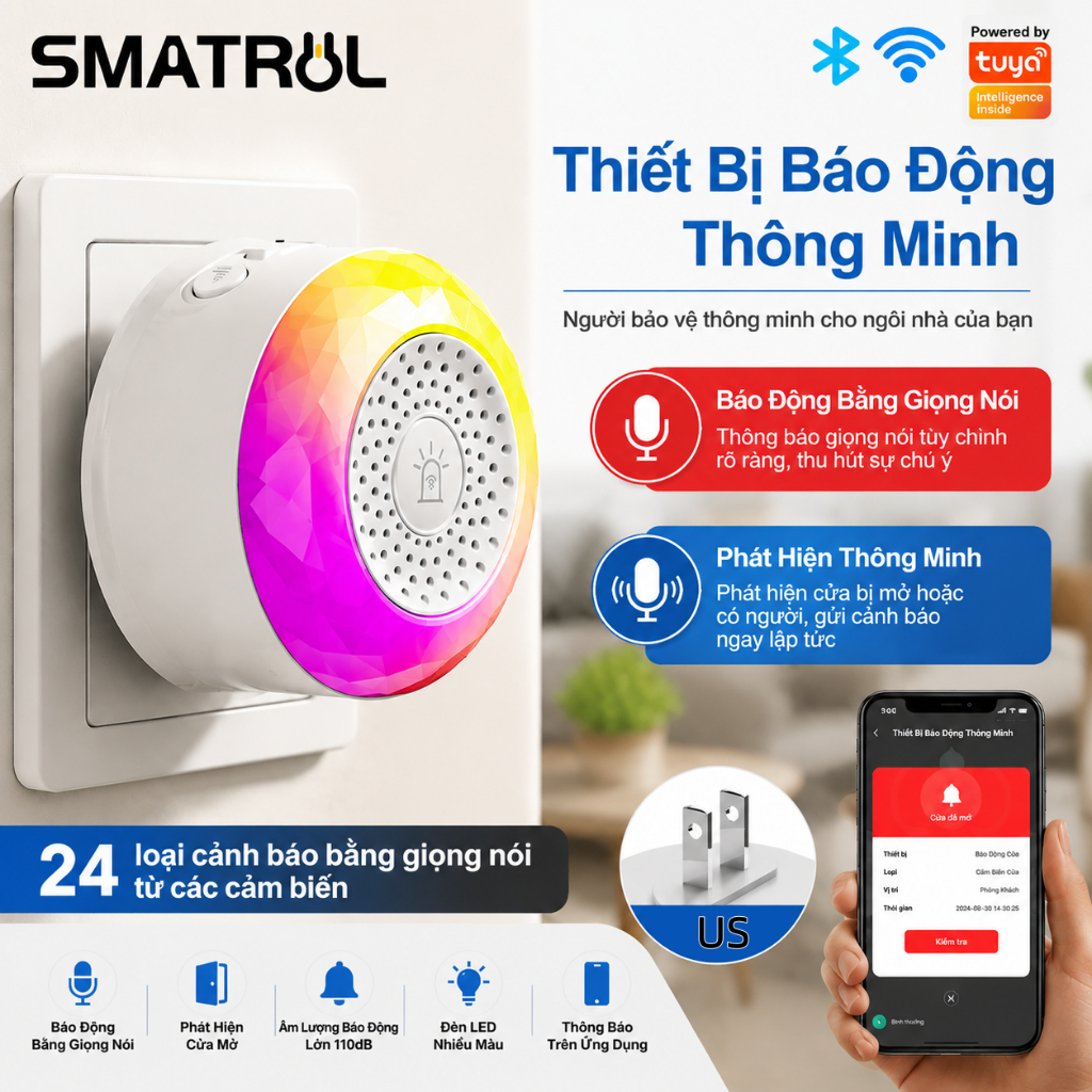 SMATRUL Báo động WiFi thông minh TUYA báo nhập nhảy Âm thanh báo động 105 dB cho an ninh nhà