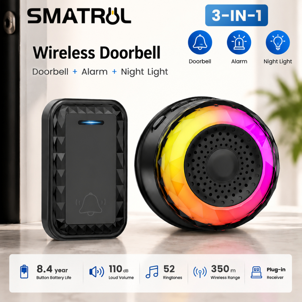 SMATRUL Chuông cửa không dây chống nước viền đèn Led RGB đa sắc Bộ thu tín hiệu tầm xa 350m 110dB
