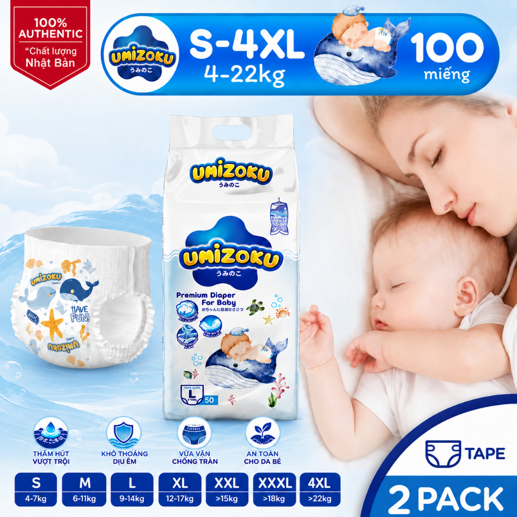 Tã giấy trẻ em Nhật Bản UMIZOKU 50 miếng unisex thoáng khí siêu mỏng S-4XL